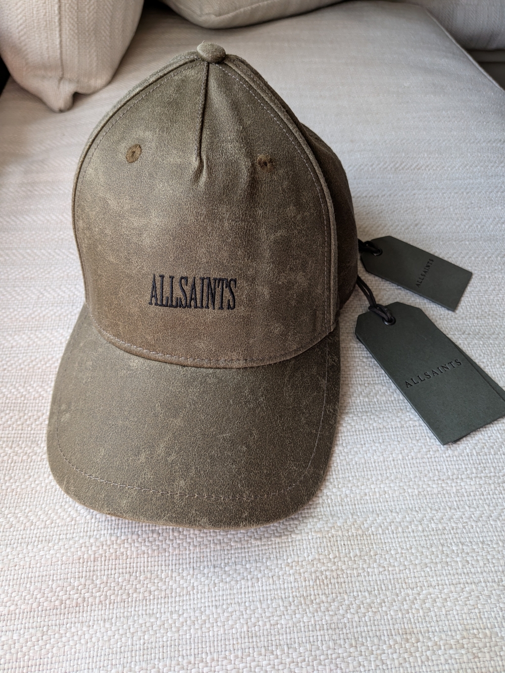 AllSaints Olive Green Suede Men's Baseball Cap Gunmetal NWT edgy Grunge distress